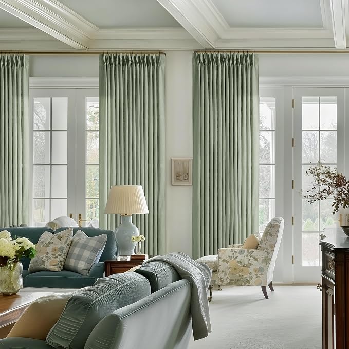 TWODRAPES Sage Green Pinch Plaet Linen Semi Sheer Curtains 90 Inches Long 2 Panels Set