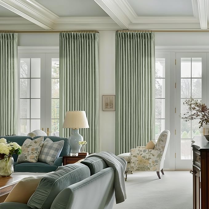 Pinch Pleated Sage Green Thick Linen Curtains 96 Inch Length 2 Panels Set | for Living Room Bedroom Window Sliding Glass Door, Light Filter Semi Sheer, Boho Farmhouse, Pinch Pleat with Hooks Rings 8ft