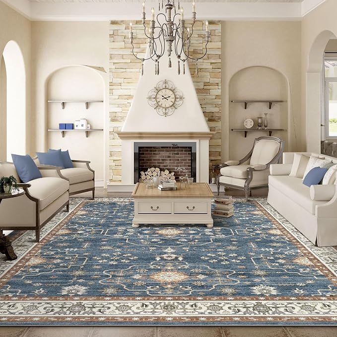 7x9 Area Rug for Living Room- Machine Washable Soft Oriental Vintage Large Indoor Floor Carpet for Bedroom Under Dining Table Home Office Decor - Dark Blue