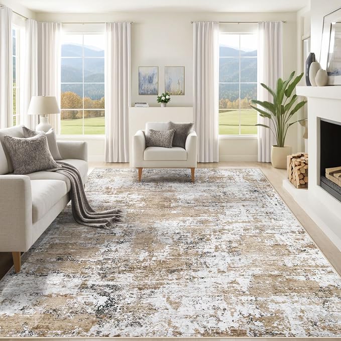 XLUEZ 10x14 Area Rugs for Living Room, Washable Modern Abstract Large Area Rug Neutral Soft Non Slip Kids Rug Stain Resistant Indoor Carpet for Bedroom Dining Room Playroom Home Office(Beige, 10'x14')