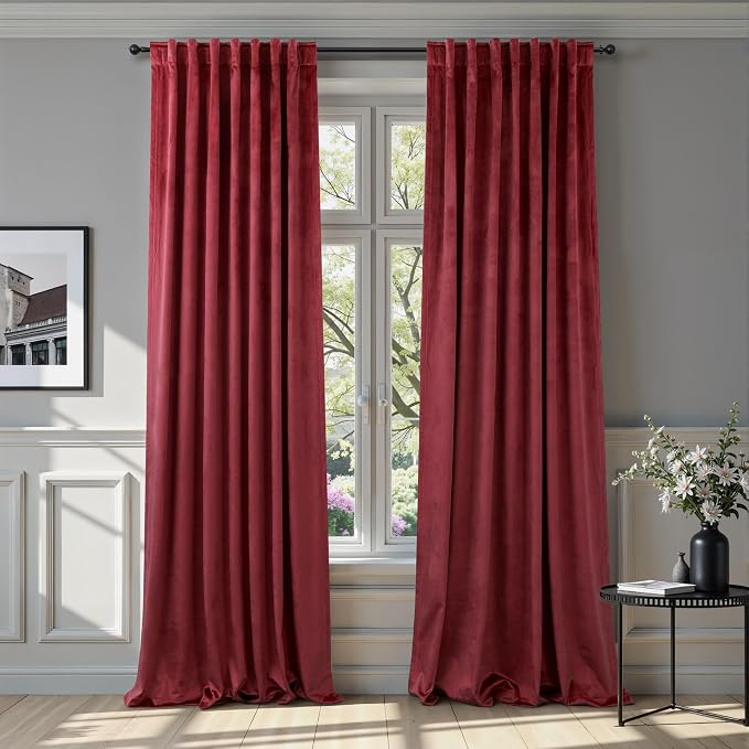 Christmas Red Velvet Curtains 84 Inch Length 2 Panels Back Tab Pocket Victorian Vintage Luxury Living Room Darkening Thermal Insulated Decorative Long Drape for Bedroom Holiday Xmas Gift Burgundy Wine