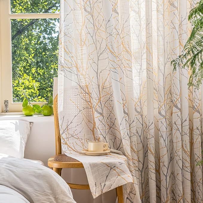 FMFUNCTEX Linen Semi Sheer Curtains for Bedroom, Yellow White Curtains 45 Inches Long for Living Room, Grey Tree Branch Print Curtain Light Filtering Kitchen Window Drapes, Grommet Top 2 Panels | Short Sheer Branch Patterned Drapes, Light Filtering Gro...