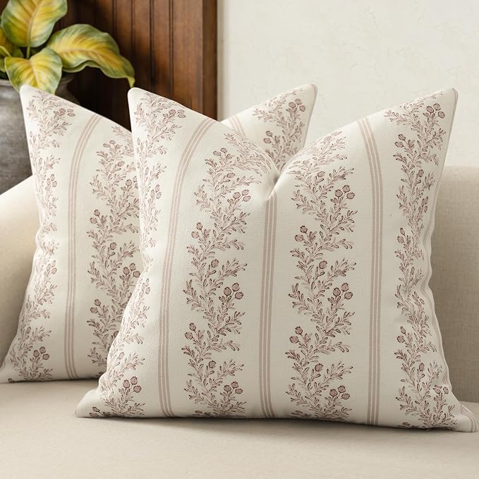 Vintage Throw Pillow Covers 18x18 Set of 2, Striped Floral Pillow Cover Botanical Patterned Decorative Cushion Covers Modern Farmhouse Home Decor for Sofa Couch Bed Living Room, Blush Bloom
