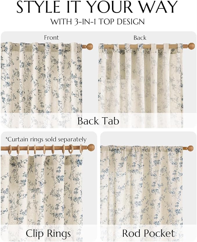 jinchan Blue Floral Linen Curtains 84 Inch French Country Back Tab 2 Panels | Flower patterned drapes, farmhouse, printed, light filtering, bedroom, living room, kitchen, window treatment, rod pocket