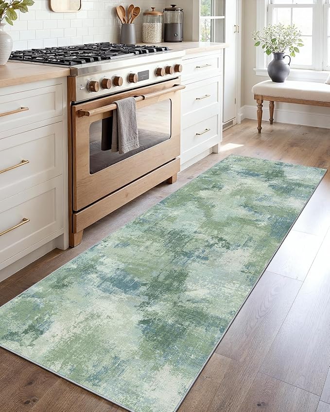 Runner Rugs for Hallway 2x5, Modern Abstract Machine Washable Runners for Kitchen Entryway Bathroom, Low Pile Lightweight Thin Non Slip Runner Rug, Green