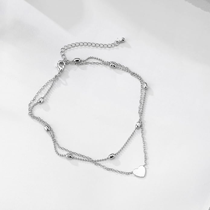 Pencros Dainty Layered Anklet,14K Gold Filled Cute Beads Satellite Chain Heart Boho Adjustable Anklets for Women