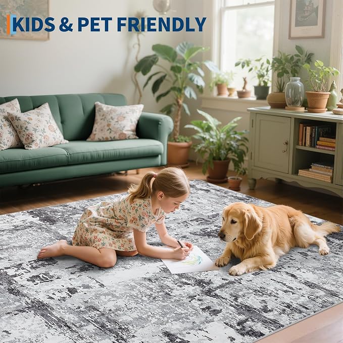 GarveeHome 5x7 Abstract Area Rugs Grey Washable Living Room Bedroom Rug | Large Modern Low Pile Non Slip Floor Mat Carpet Indoor Accent Rug for Dining Room Playroom Nursery Home Decor