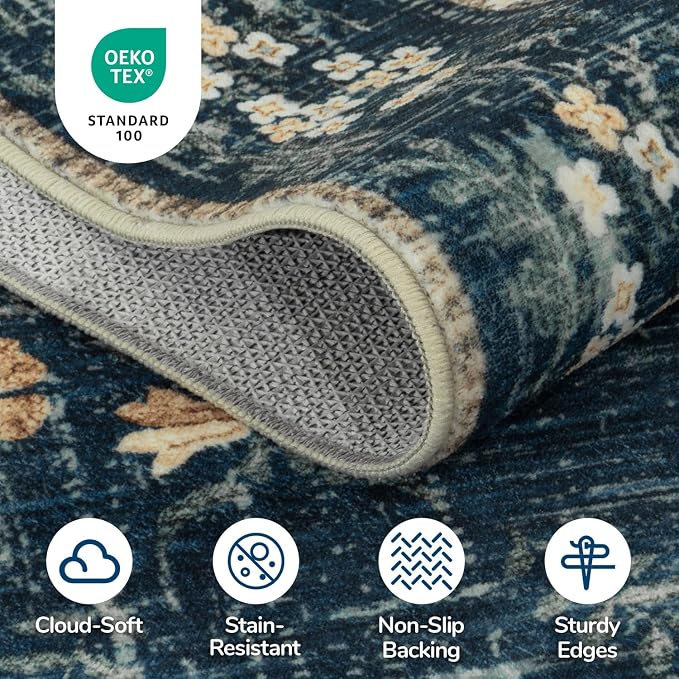 Lessymo Large Area Rugs 9x12 for Living Room, Soft Washable Rug for Bedroom Dining Room Nursery Room Farmhouse, Boho Non Slip Low Plie Carpet Vintage Floral Design, Navy/Beige