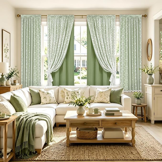 ASPMIZ Linen Curtains for Living Room Double Layer Curtains with Linen Lace, Sage Green Curtain for Bedroom Light Filtering, Rod Pocket Drapes 63 Inch Length 2 Panels Set with 2 Tiebacks, 52x63