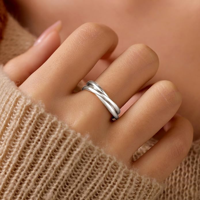 14K Gold Plated Interlocking Fidget Anxiety Ring 925 Sterling Silver Stackble Rings for Women Men Rolling Triple Spinner Ring Minimalist Trendy Knuckle Rings Jewelry Birthday Graduation Gifts
