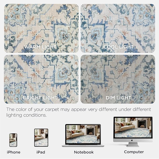 Joydeco Washable 2x5 Hallway Runner Rug Vintage, Blue Grey | Water Resistant Low Pile Non Slip Backing for Kitchen Entryway Bathroom Dining Room