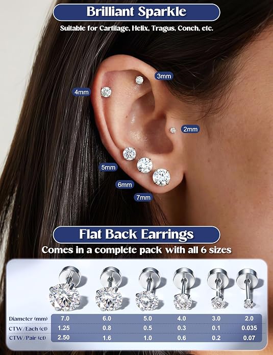 GEMQUEEN 6 Pairs 2-7mm Moissanite Earrings Studs 14K Gold Plated Stainless Steel Flat Back Earring for Women Men - Hypoallergenic Cartilage Helix Piercing Jewelry Brilliant Round Cut D Color VVS1 5.97CT