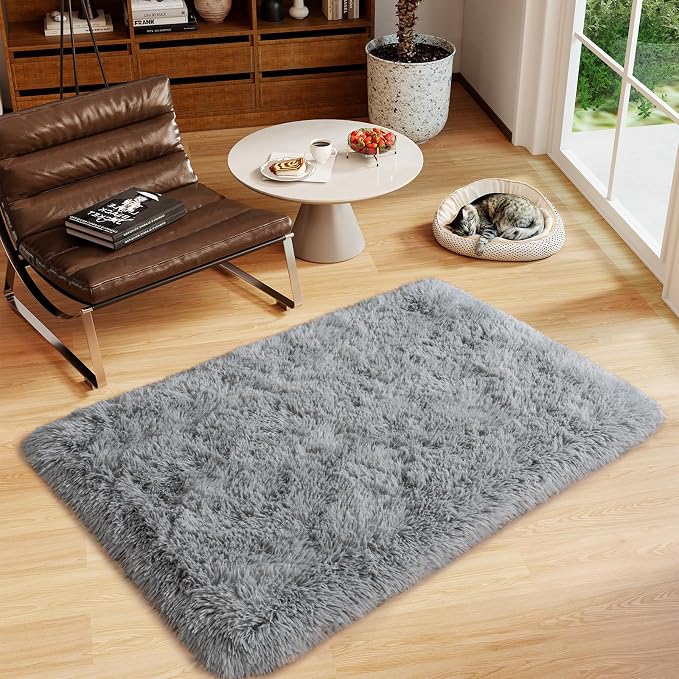 Dssimo 2x3 Small Grey Rug, Upgrade Non Slip Throw Bedside Area Rugs, | Soft Fluffy Shag Non-Slip Carpet for Kids,Girls Boys and Teens Decorations for Living Room Dorm Nursery Classroom