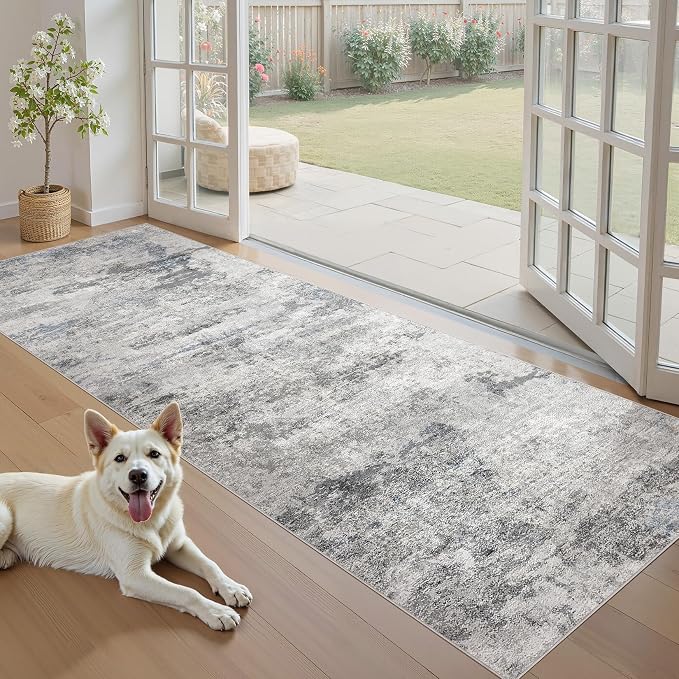 DMOYEST 3x8 Washable Runner Rug, Non Slip Low Pile Carpet Runner for Hallway and Entryway, Kid & Pet Friendly Abstract Modern Area Rug for Kitchen and Dining Room - Grey Blue