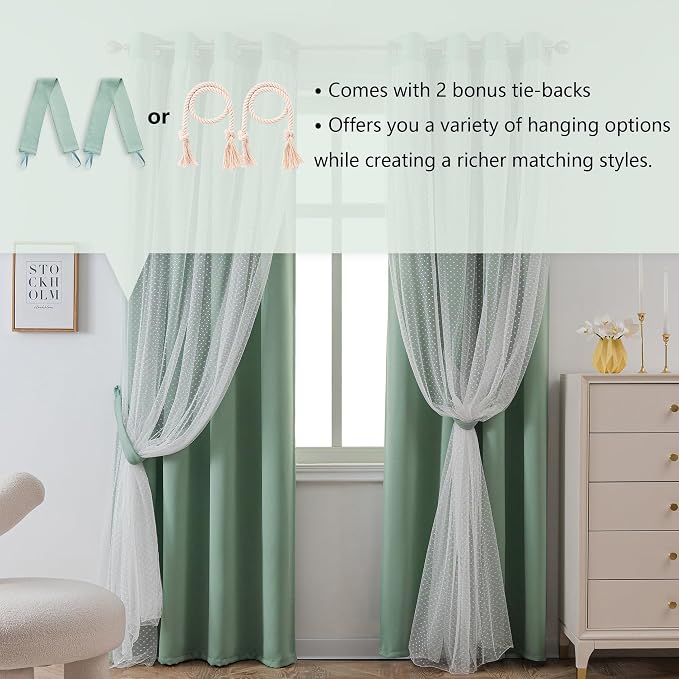 MYSKY HOME Curtains for Girls Bedroom & Nursery Kids Green Cute Curtains Double Layer with Polka Dots Sheer, Grommet Tops, 52x95 Inch Each Panel, 2 Panels
