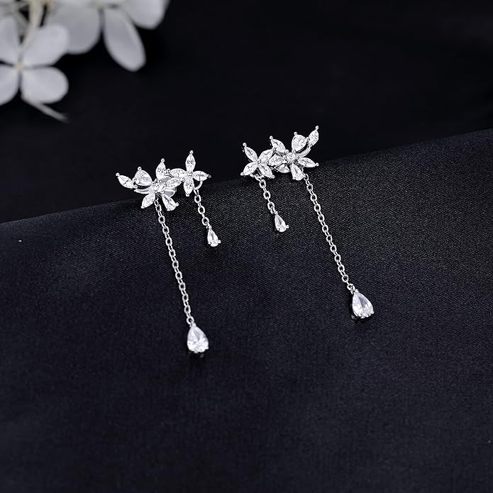 SLUYNZ 925 Sterling Silver Dainty CZ Flowers Wrap Earrings Dangle Chain for Women Elegant Dangling Earrings Bridal Earrings Wedding Engagement Drop Earrings Prom Engagement Party Jewelry