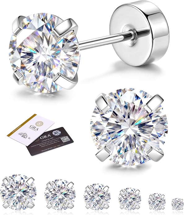 GEMQUEEN 6 Pairs 2-7mm Moissanite Earrings Studs 14K Gold Plated Stainless Steel Flat Back Earring for Women Men - Hypoallergenic Cartilage Helix Piercing Jewelry Brilliant Round Cut D Color VVS1 5.97CT
