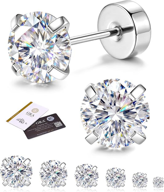 GEMQUEEN 6 Pairs 2-7mm Moissanite Earrings Studs 14K Gold Plated Stainless Steel Flat Back Earring for Women Men - Hypoallergenic Cartilage Helix Piercing Jewelry Brilliant Round Cut D Color VVS1 5.97CT