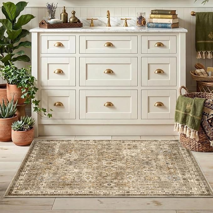 2x3 Rug for Entryway Hallway-Vintage Farmhouse Boho Floral Neutral Washable Stain Resistant Indoor Rugs for Home Decor(Brown&Gold)