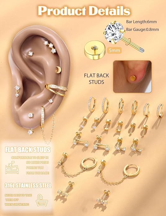 Florideco 14K Gold Plated Earrings for Women Hypoallergenic 20G Surgical Stainless Steel Flat Back Stud Earrings Dainty Stackable Earring Stacks Small Cartilage Earring Sets for Multiple Piercing