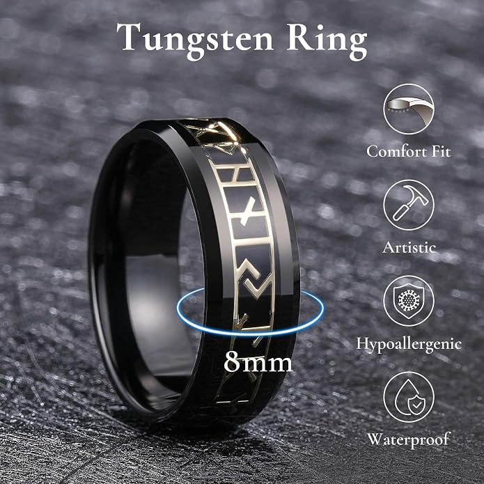 King Will Tungsten Carbide Wedding Band for Men - 8mm Black/Silver/Gold Plated with Norse Viking Rune & Hawaii Koa Wood Inlay Mens Ring, Polished Beveled Edge for Daily Wear, Comfort Fit Size 7-14