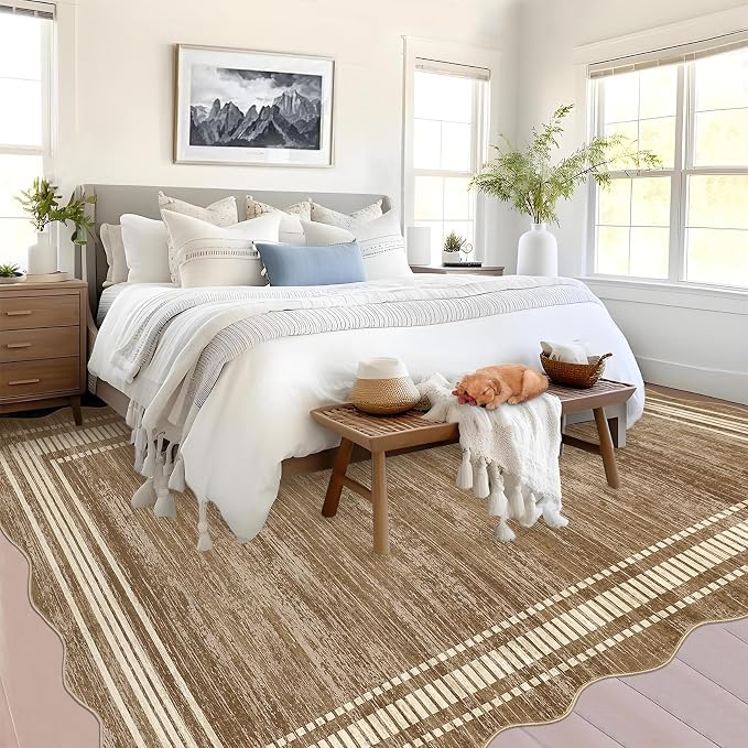 Garvee Scalloped Modern Abstract Area Rug 9x12 Large Washable Rug for Living Room, Non-Slip Soft Carpet for Bedroom, Scalloped Low-Pile Solid Print Accent Rug for Dining Room Home Office, Brown | Girls Rug for Bedroom, Non-Slip Soft Carpet for Bedroom,...