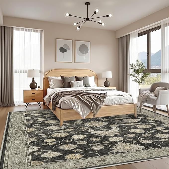 10x14 Area Rug for Living Room-Vintage Farmhouse Boho Floral Washable Stain Resistant Indoor Carpet for Bedroom Office and Home Decor(Black&Gold)