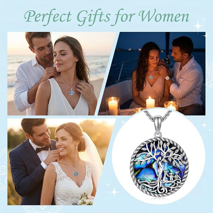 Tree of Life Necklace 18K White Gold Plated Tree of Life Abalone Shell/Crystal Pendant Necklace Family Tree Jewelry Gifts for Women Mothers Day Gifts
