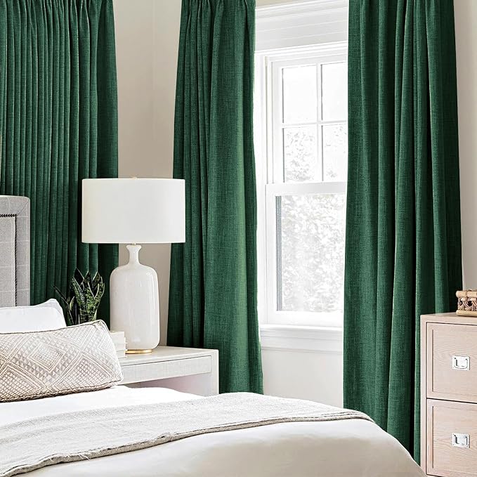 MIULEE Linen Curtains for Bedroom 100% Blackout Thermal Insulated Emerald Green Grommet Room Darkening Curtains & Drapes Christmas Decor for Living Room 52 x 90 Inch (2 Panels)