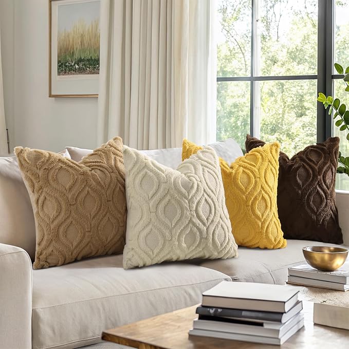 decorUhome Beige Yellow Faux Fur Soft Throw Pillow Covers 18x18 Set of 4 | Fall Neutral Decorative Plush Couch Pillow Covers, Accent Modern Farmhouse Neutral Pillow Cases for Sofa Bed Living Room