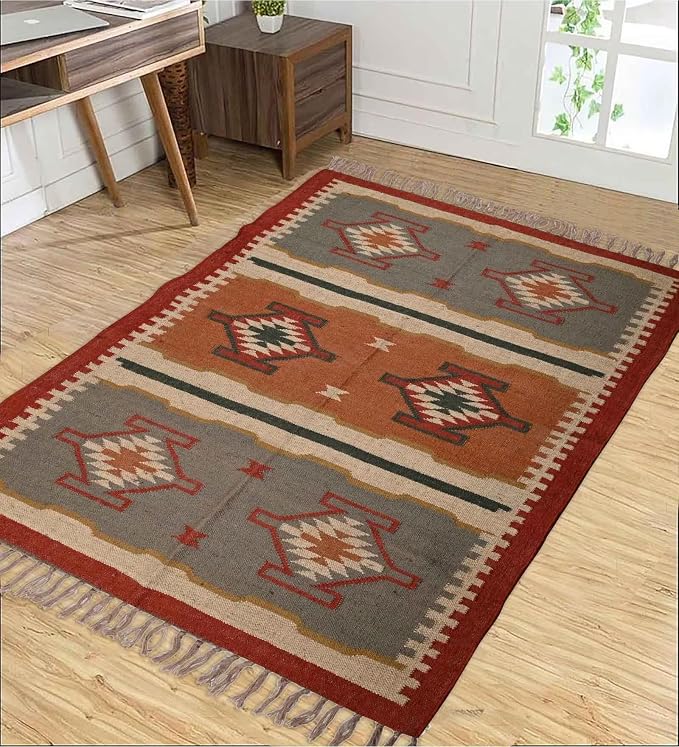 Geometric Kilim Rug Wool Jute Area Rug Kilim Dhurrie Handwoven Braided Entryway Runner Rug Farmhouse Kitchen Rug, Multicolor 2X3