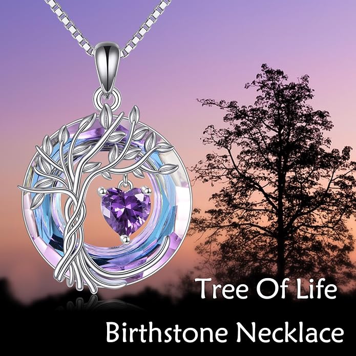 POPLYKE Mothers Day Gifts for Mom Her Wife Tree of Life Necklace 925 Sterling Silver Birthstone Pendant with Crystal Anniversary Birthday Wedding Jewelry for Women