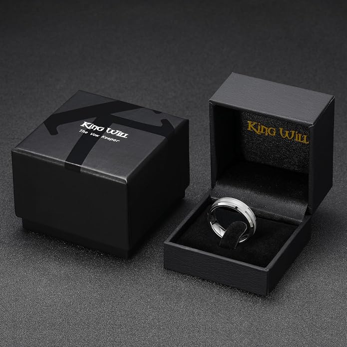 King Will Classic Tungsten Carbide Ring Brushed Two Grooved Center Hammered Design Mens Wedding Band for Men