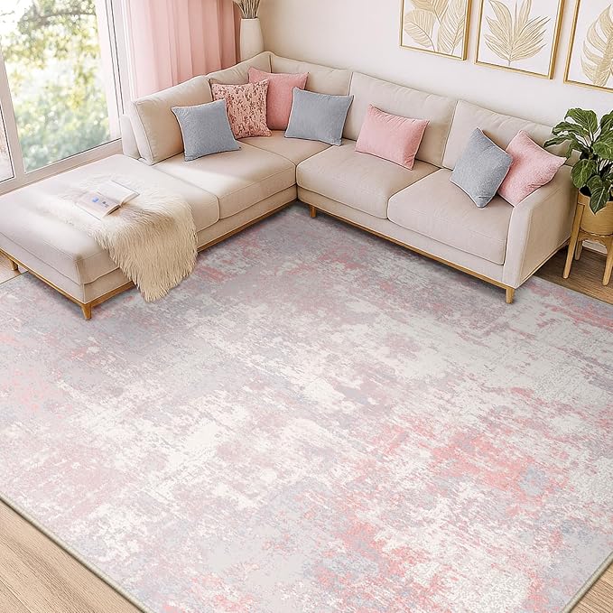 RELEANY Washable Area Rugs 10'x14' Non-Slip Modern Abstract Soft for Living Room Entryway Bedroom Kitchen, Print Pattern, Grey Pink