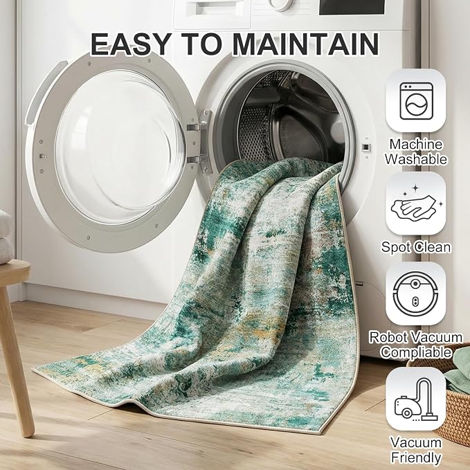 8'x10' Washable Area Rugs Nature Scandi Style Water Stain Resistant 0.26 Inch Low Pile Carpet with Non-Slip Silicone Backing, Sage Green