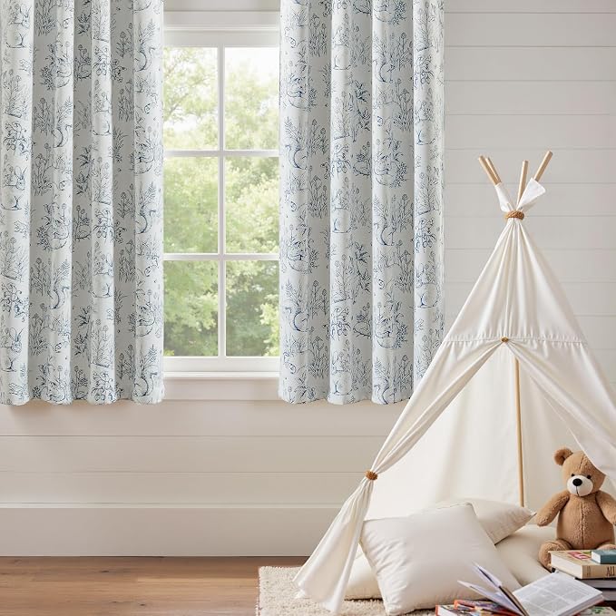 jinchan Blue Blackout Curtains W38xL63 Whimsical Back Tab 2 Panels | Room darkening,nursery kids bedroom,privacy,whimsical,cottagecore,bunny pattern,botanical,nature-inspired decor