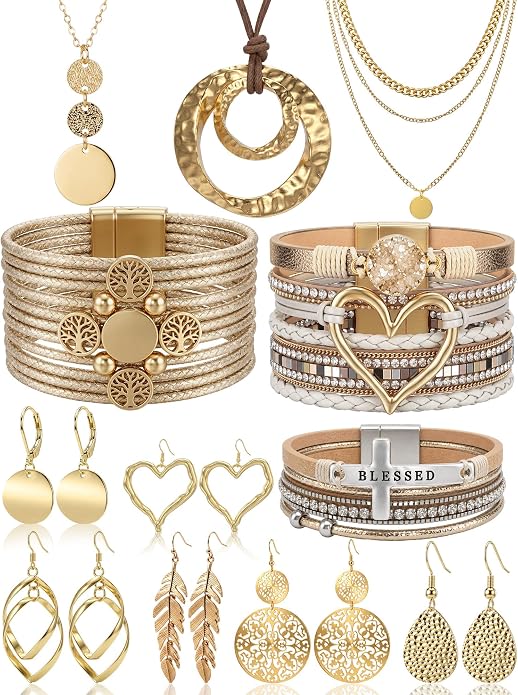 Tondiamo 12Pcs Boho Jewelry Set for Women Bohemian Western Jewelry Set with Long Pendant Necklace Dangle Earrings and Stackable Bangle Bracelets Accessories for Women Friendship Gift