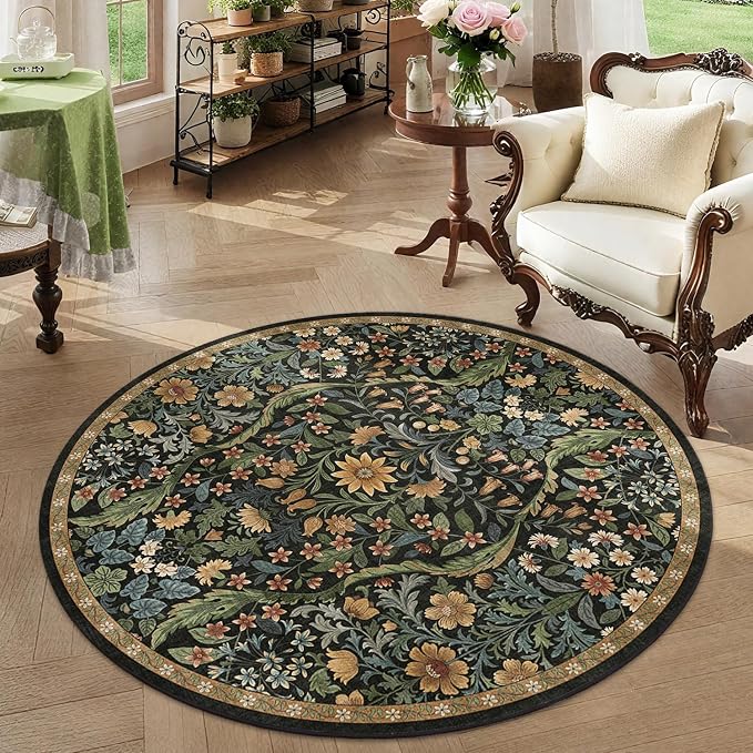 Round Rug 4ft Black Brown Washable Floral Circle Rug,Vintage Boho Botanical Round Area Rugs, Non-Slip Soft Low-Pile Circular Carpet for Bedroom,Kids Room,College Dorm,Home Decor