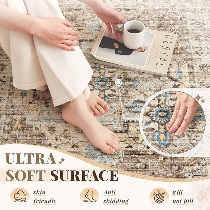 Area Rug 9x12 Vintage Rug: Large Washable Indoor Medallion Rugs Low Pile Distressed Floor Carpet Retro Accent Rug for Living Room Bedroom Kitchen Dining Table Home Office(Brown/Blue, 9'x12')