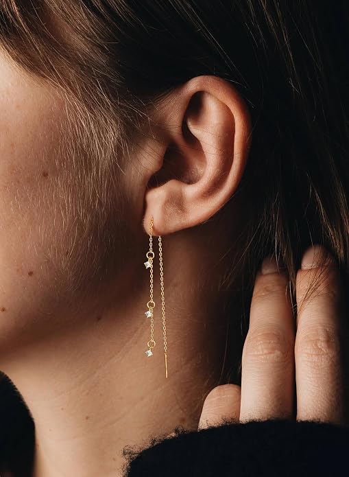 S.Leaf S925 Sterling Silver Threader Chain Earrings 18K Gold Plated Cubic Zirconia Dainty Dangle Double Piercing Long Drop Dangly Pull Through Tassel Chain Earrings Gifts for Women