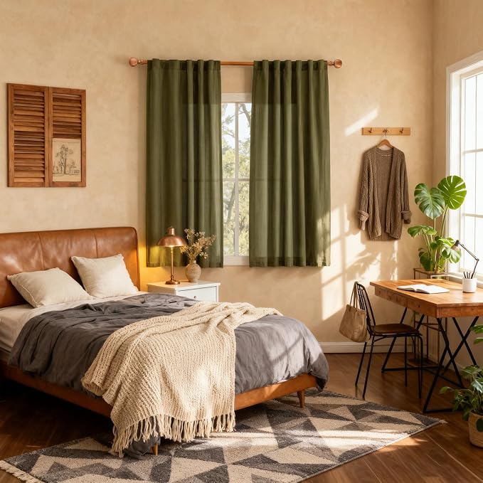 MYSKY HOME Short Semi Sheer Curtains for Bedroom 63 Inches Long Light Filtering Privacy Drapes for Small Window Linen Look Boho Home Decor Curtain for Parties, 50" x 63", Olive Green, 2 Pieces