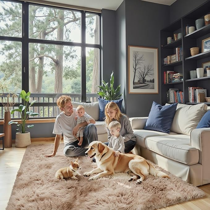 Rugs for Living Room 5x8, Alfombras para Salas Shag Large Plush Soft Area Rug, Shaggy Carpets for Bedroom,Boys Girls Home Decor Aesthetic (Dark Beige Tie-Dyed, 5 x 8 Feet)