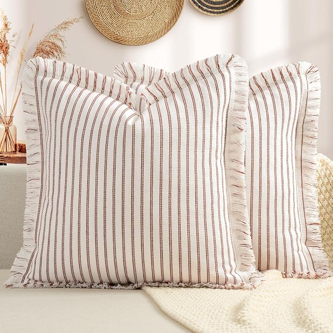 ZWJD Fall Throw Pillow Covers 18x18 Set of 2 Striped Pillow Covers with Fringe Chic Cotton Decorative Pillows Square Cushion Covers for Sofa Couch Bed Living Room Fall Decor,Rust
