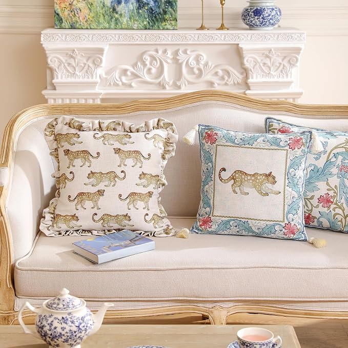 patdrea Designer Vintage Linen Throw Pillow Cover,Set of 4-Fromm | Elegant Decorative Pillow Case with Zipper,Leopard Pattern,Pillow Cover for Couch Living Room Bedroom Sofa