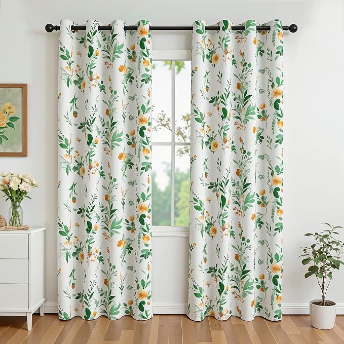 MYSKY HOME Floral Blackout Curtains 80 inch Length 2 Panels for Bedroom Flower Patterned Room Darkening Light Blocking Grommet Window Drapes, 52" W Each Panel, Yellow and Green