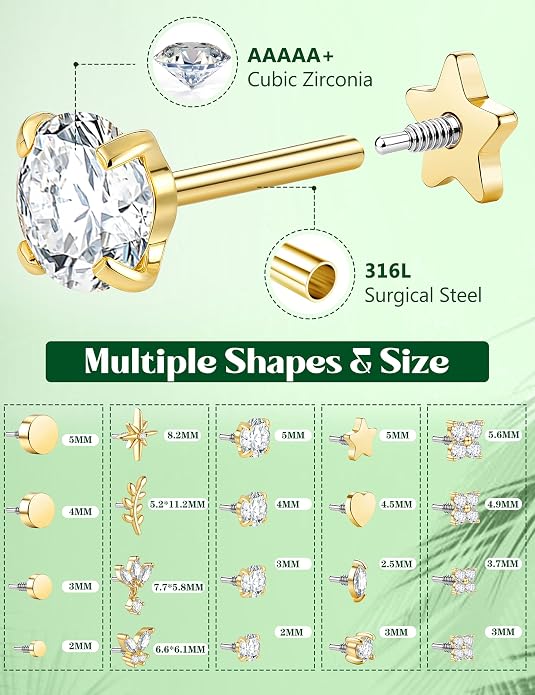 Drperfect 18G Reversible Flat Back Stud Earrings for Women Hypoallergenic Surgical Steel 14K Gold Silver Plated Internal Thread Stud Piercing Jewelry for Tragus Helix Cartilage Conch Piercing
