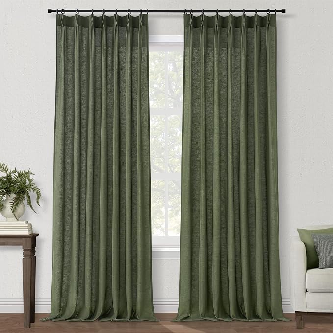 Topfinel 102 Inch Pinch Pleated Linen Curtains 1 Panels,Olive Green Semi Sheer Curtains with Pleated Hooks Back Tab for Track System,Extra Long 9ft Curtain for Living Room Bedroom,72x102