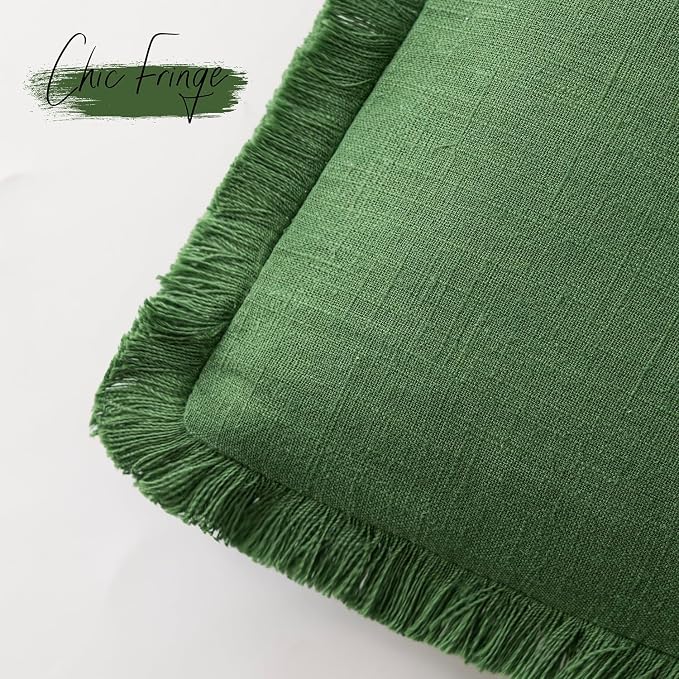 Foindtower Set of 2 Decorative Linen Fringe Throw Pillow Covers Cozy Boho Farmhouse Cushion Cover with Tassels Soft Accent Pillowcase for Couch Sofa Bed Living Room Home Decor,22×22 Inch,Forest Green