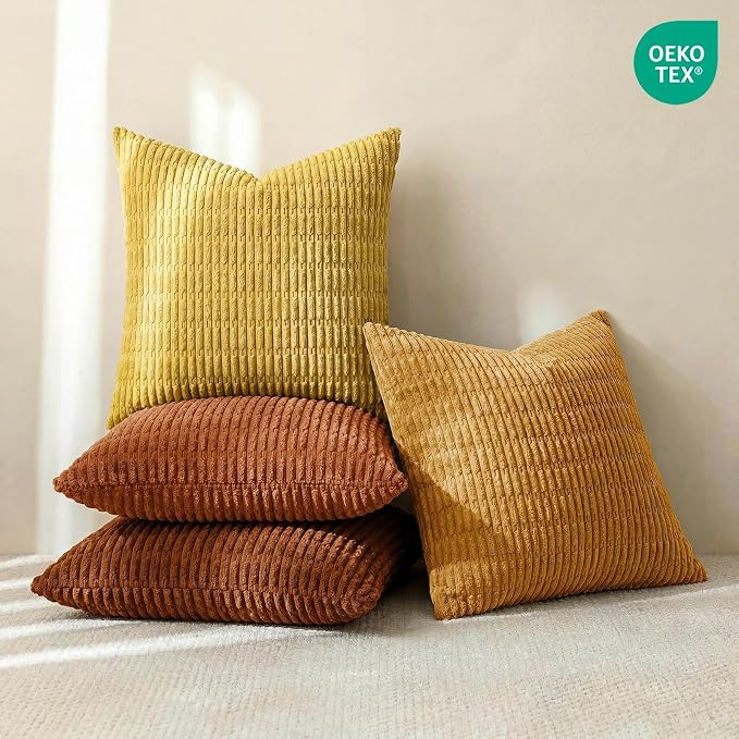 Softalker Fall Throw Pillow Covers 22x22 Inch, Set of 4, Corduroy Soft Striped Farmhouse Boho Pillow Cover, Modern Farmhouse Boho Autumn Home Decor for Living Room Bed Sofa, Orange/Rust