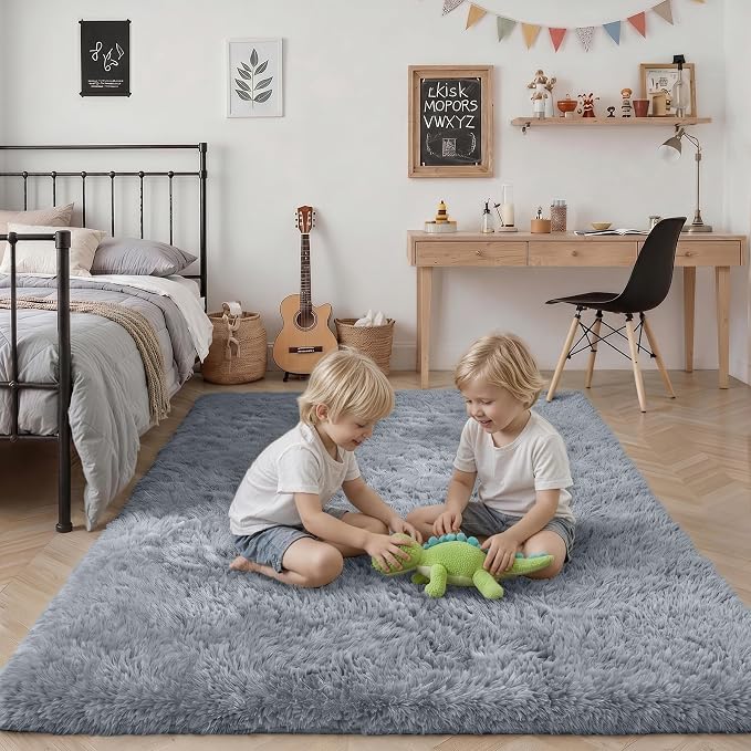 Fluffy 4x6 Area Rugs for Living Room Bedroom: Ultra Soft Shag Rug Non-Slip Non-Shedding Small Plush Bedside Rug Indoor Floor Carpets for Kids Room Playroom Entryway Nursery Dorms Home Decor Gray